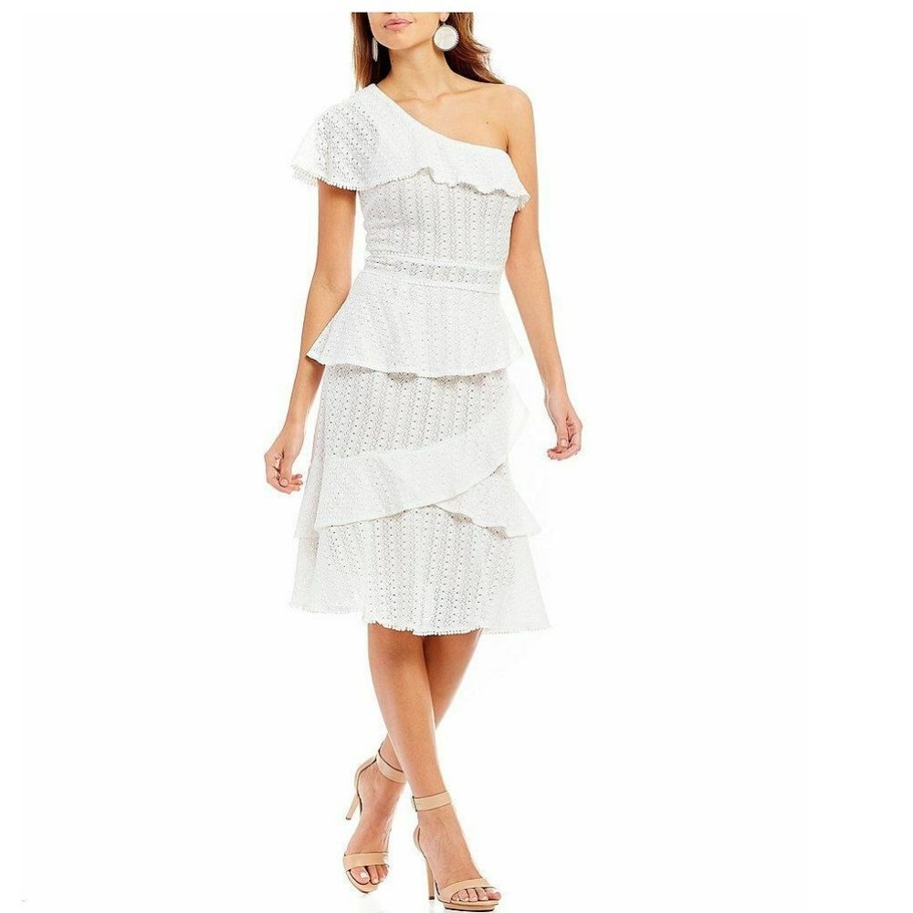 Gianni Bini Marina One Shoulder Eyelet Lace Ruffle Detail Midi Dress White XL